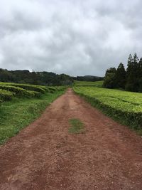 Dirt road amidst field against sky