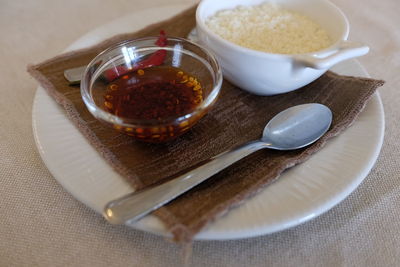 High angle view of food in bowls on table