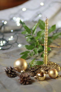 Close-up of christmas decoration on table