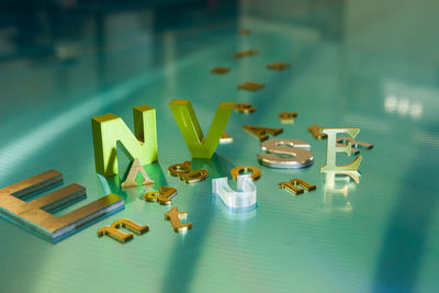 High angle view of toys on table