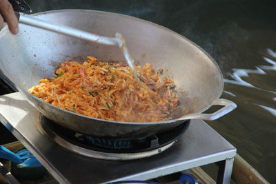 High angle view of meat in cooking pan