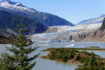 Scenic view of lake by mountains against clear sky