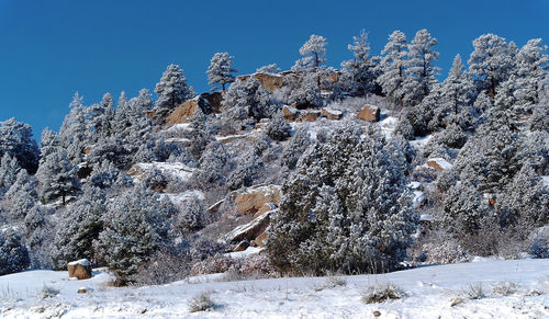 Low angle view of snow on mountain against clear sky