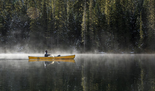 Man on boat in lake against trees in forest