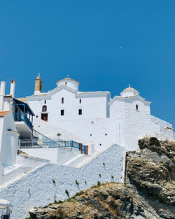 Low angle view of building against clear blue sky