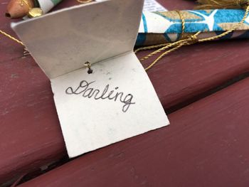 Close-up of text on table