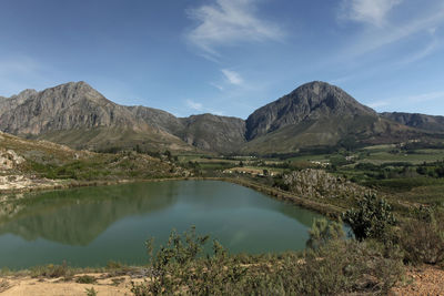 Scenic view of lake and mountains against sky