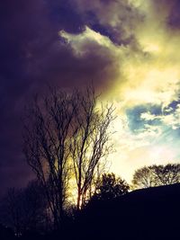 Low angle view of silhouette bare tree against dramatic sky