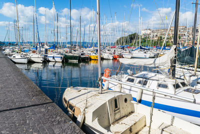 Sailboats moored in harbor