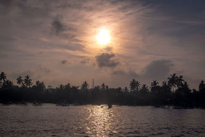 Scenic view of silhouette palm trees against sky during sunset