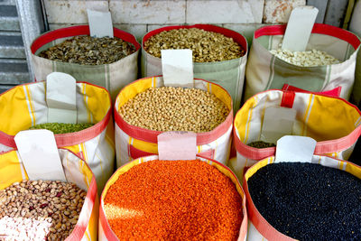 Sacks with legumes beans market - different types of beans