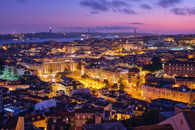 High angle view of townscape against sky during sunset