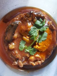 High angle view of soup in bowl