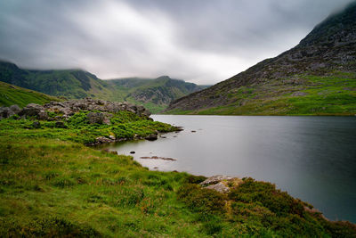 Scenic view of lake and mountains against sky