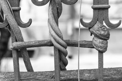 Close-up of chain tied to metal fence