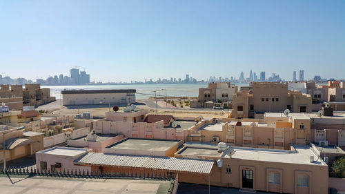 High angle view of townscape against clear sky