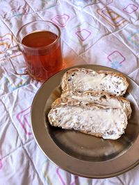 High angle view of breakfast served on table