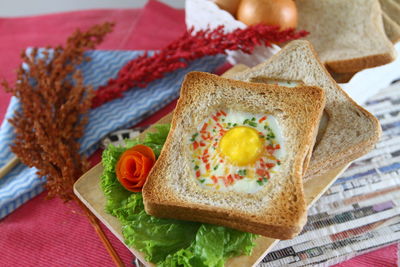 High angle view of breakfast served on table