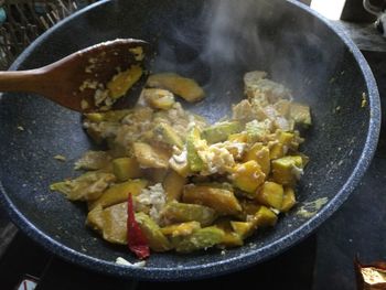 Close-up of meat in cooking pan