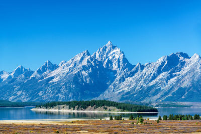 Scenic view of snowcapped mountain against blue sky