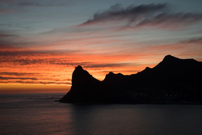 Silhouette mountain by sea against sky during sunset