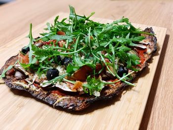 High angle view of pizza on table