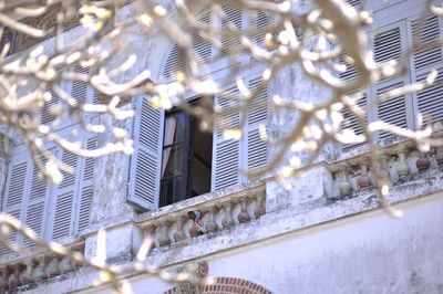 Low angle view of building seen through window