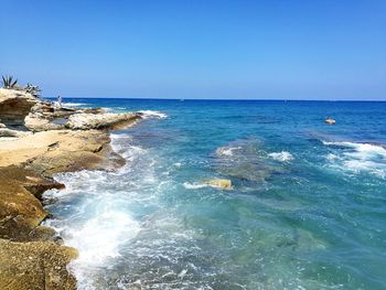 Scenic view of sea against clear blue sky