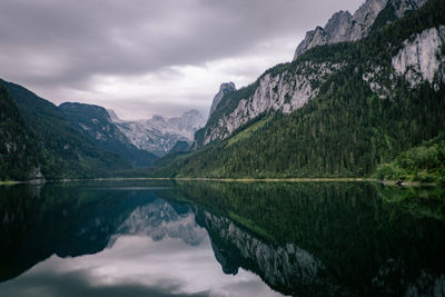 Scenic view of lake by mountains against sky