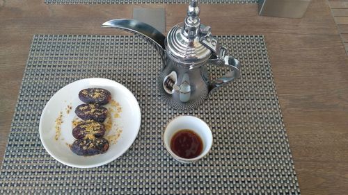 High angle view of breakfast on table