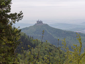 Hike on the long distance hiking trail albsteig hw 1  on the swabian alb view of hohenzoller castle