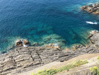 High angle view of people on rock by sea