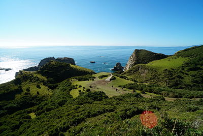 Scenic view of sea against clear blue sky