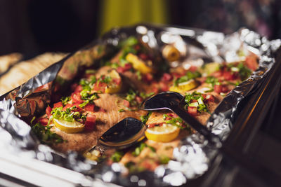 High angle view of food served on table