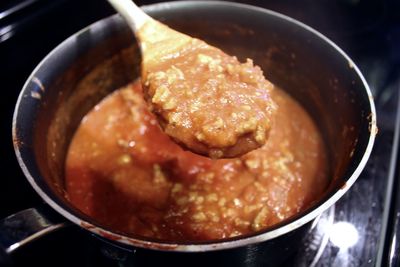 High angle view of tomato sauce in pan