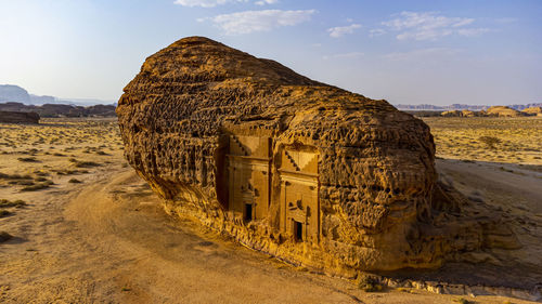 Saudi arabia, medina province, al ula, aerial view of ancient tomb in mada’in salih