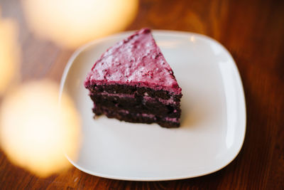 Close-up of cake in plate on table