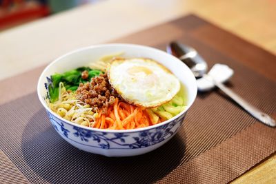 Close-up of meal served on table