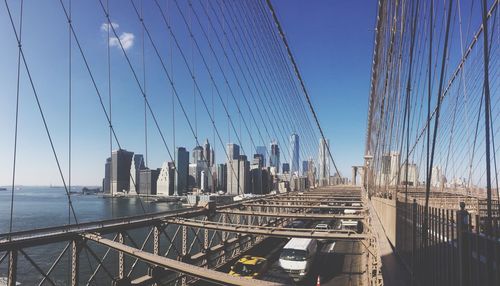 Panoramic view of suspension bridge against sky