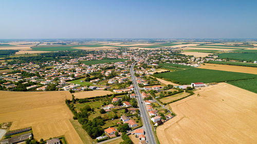 High angle view of agricultural field against sky