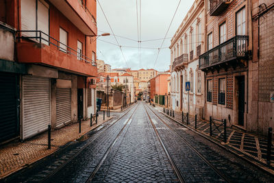 Empty alley amidst buildings in city