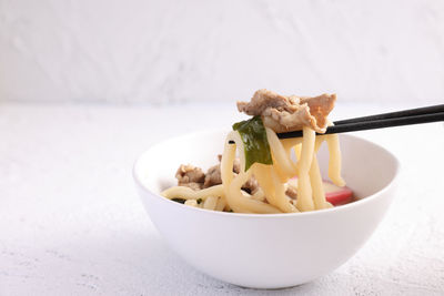 Close-up of pasta in bowl on table
