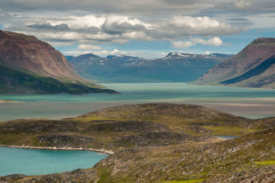 Scenic view of mountains and lake against sky