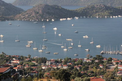 High angle view of townscape by sea