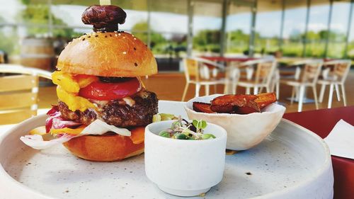 Close-up of burger on table