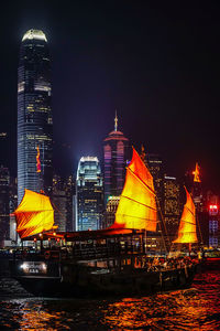 Illuminated city buildings at night