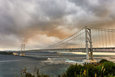 Suspension bridge over sea against cloudy sky during sunset