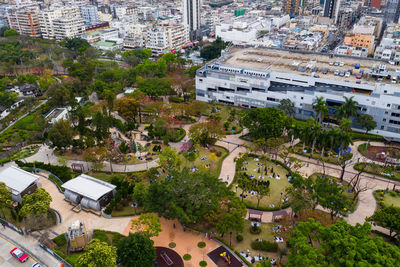 High angle view of buildings in city