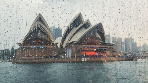 View of city buildings during rainy season