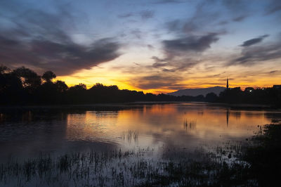 Scenic view of lake against orange sky